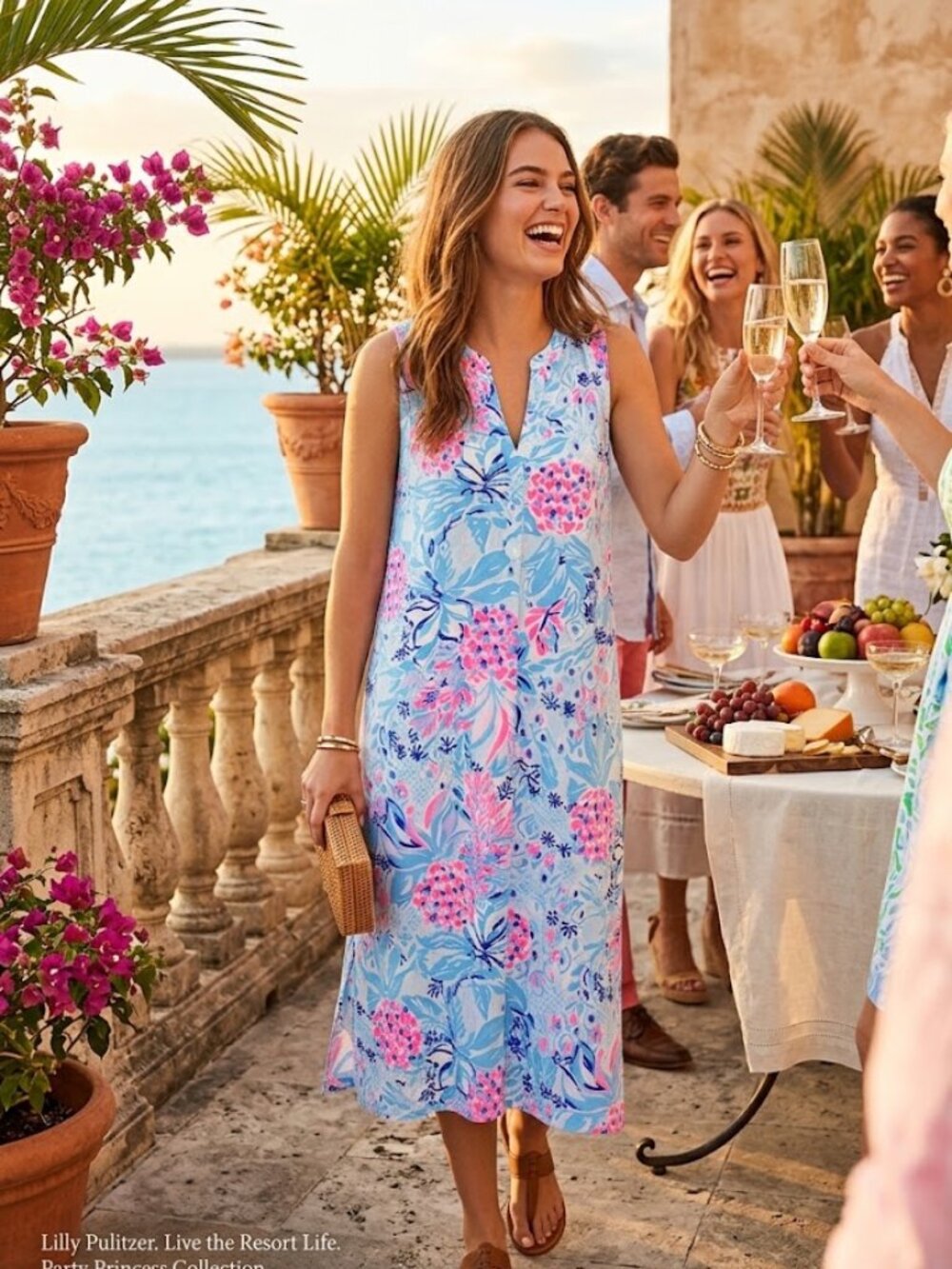 Lilly Pulitzer Party Princess Midi Dress Blue Pink Floral V-Neck Pima Cotton L